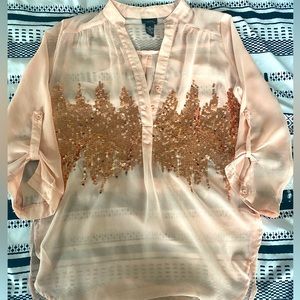 Rue21 sequins long sleeve sheer blouse in peachy pink